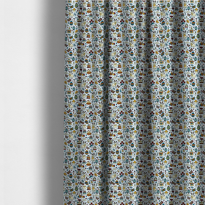 The fabric used to create these made-to-measure curtains features a whimsical, hand-drawn Easter doodle pattern set against a clean, pale blue-grey background. The design is a dense, "scatter" style print using a primary colour palette of deep red, mustard yellow, and teal blue.