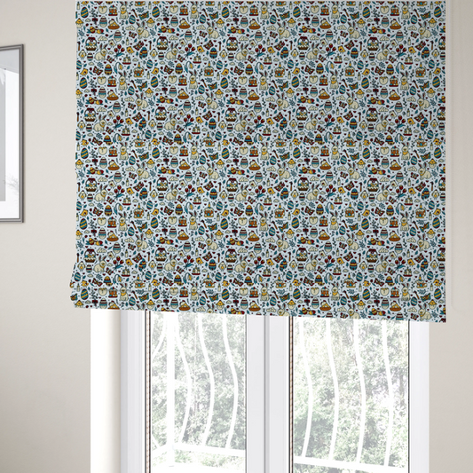 The fabric used to create these Roman blinds features a whimsical, hand-drawn Easter doodle pattern set against a clean, pale blue-grey background. The design is a dense, "scatter" style print using a primary colour palette of deep red, mustard yellow, and teal blue.