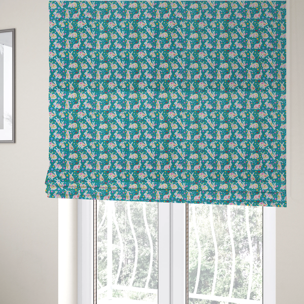 The fabric used to create these Roman blinds features a vibrant, folk-art inspired Easter pattern set against a rich teal-green background. The design is characterized by its high-contrast colour palette and intricate floral silhouettes.