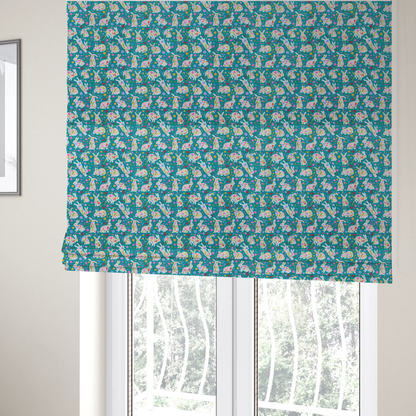 The fabric used to create these Roman blinds features a vibrant, folk-art inspired Easter pattern set against a rich teal-green background. The design is characterized by its high-contrast colour palette and intricate floral silhouettes.