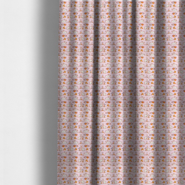 The fabric used to create these made-to-measure curtains features a vintage-style Easter meadow pattern on a soft, blush-pink background. The design is reminiscent of classic children’s book illustrations, using fine, orange-brown linework and a muted pastel palette.