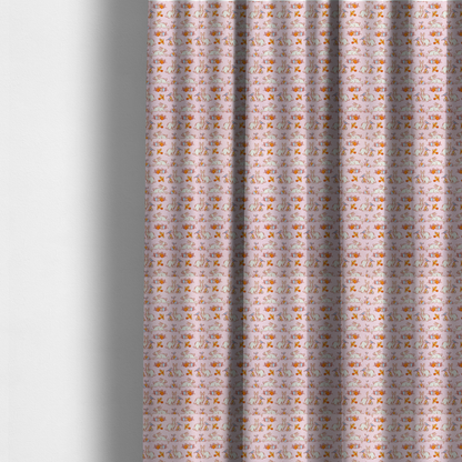 The fabric used to create these made-to-measure curtains features a vintage-style Easter meadow pattern on a soft, blush-pink background. The design is reminiscent of classic children’s book illustrations, using fine, orange-brown linework and a muted pastel palette.