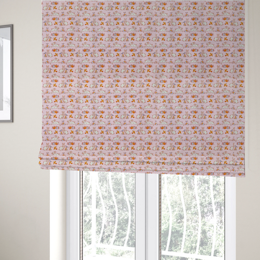 The fabric used to create these Roman blinds features a vintage-style Easter meadow pattern on a soft, blush-pink background. The design is reminiscent of classic children’s book illustrations, using fine, orange-brown linework and a muted pastel palette.