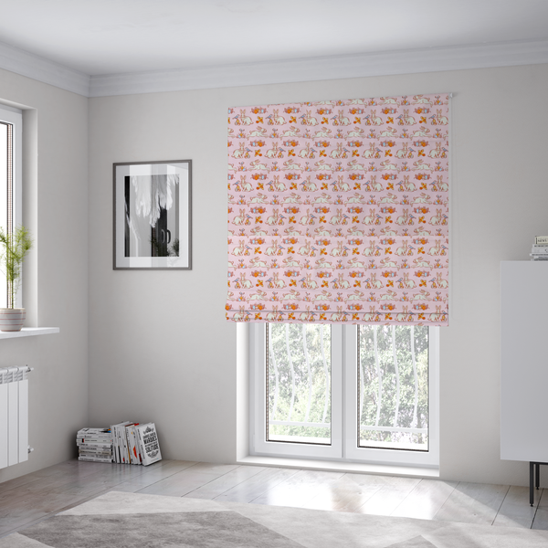 The fabric used to create these Roman blinds features a vintage-style Easter meadow pattern on a soft, blush-pink background. The design is reminiscent of classic children’s book illustrations, using fine, orange-brown linework and a muted pastel palette.