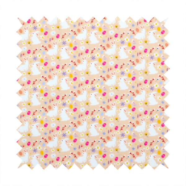 This fabric features a delicate, dainty Easter meadow pattern on a soft, peachy-beige background. The design is airy and feminine, characterized by small-scale illustrations and a palette of pastel and vibrant spring colours.