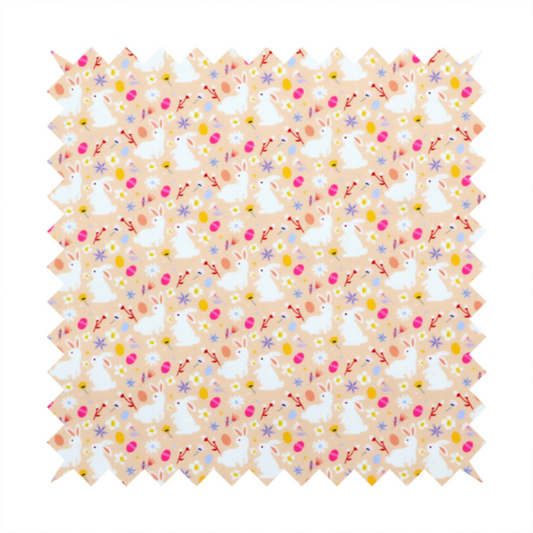 This fabric features a delicate, dainty Easter meadow pattern on a soft, peachy-beige background. The design is airy and feminine, characterized by small-scale illustrations and a palette of pastel and vibrant spring colours.