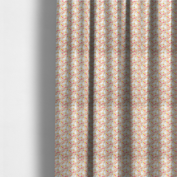 The fabric used to create these made-to-measure curtains features a delicate, dainty Easter meadow pattern on a soft, peachy-beige background. The design is airy and feminine, characterized by small-scale illustrations and a palette of pastel and vibrant spring colours.