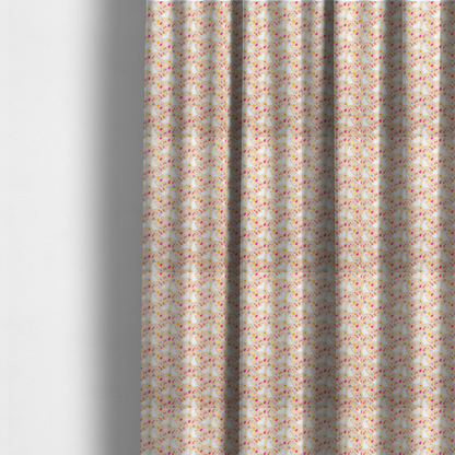 The fabric used to create these made-to-measure curtains features a delicate, dainty Easter meadow pattern on a soft, peachy-beige background. The design is airy and feminine, characterized by small-scale illustrations and a palette of pastel and vibrant spring colours.