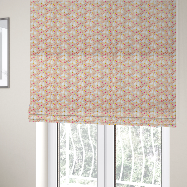 The fabric used to create these Roman blinds features a delicate, dainty Easter meadow pattern on a soft, peachy-beige background. The design is airy and feminine, characterized by small-scale illustrations and a palette of pastel and vibrant spring colours.