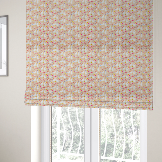 The fabric used to create these Roman blinds features a delicate, dainty Easter meadow pattern on a soft, peachy-beige background. The design is airy and feminine, characterized by small-scale illustrations and a palette of pastel and vibrant spring colours.