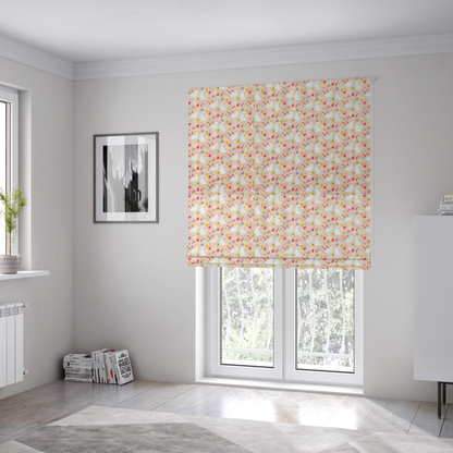 The fabric used to create these Roman blinds features a delicate, dainty Easter meadow pattern on a soft, peachy-beige background. The design is airy and feminine, characterized by small-scale illustrations and a palette of pastel and vibrant spring colours.