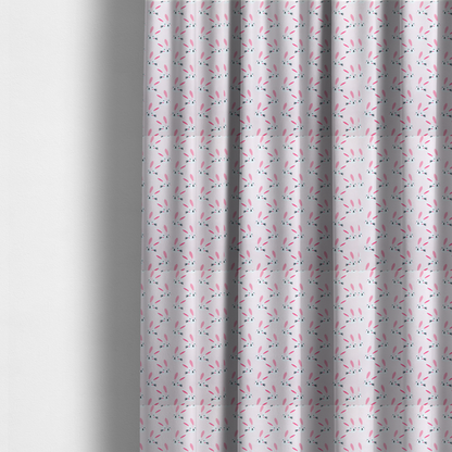 The fabric used to create these made-to-measure curtains features a modern, minimalist bunny pattern set against a soft, pale pink background. The design is clean and contemporary, focusing on a repeating motif of stylized rabbit faces.