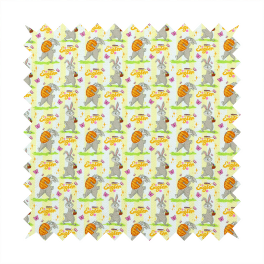 This fabric features a cheery and active Easter bunny pattern set against a vertical striped background of pale yellow and white. The design has a classic animated feel, full of personality and holiday spirit.