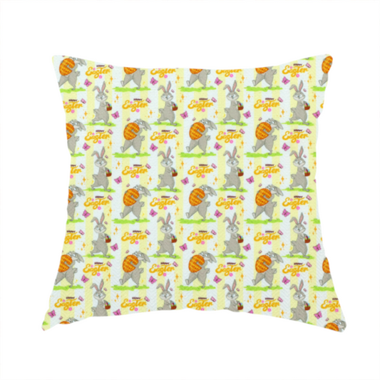 The fabric used to create these handmade cushions  features a cheery and active Easter bunny pattern set against a vertical striped background of pale yellow and white. The design has a classic animated feel, full of personality and holiday spirit.