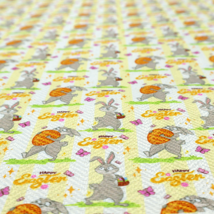 This fabric features a cheery and active Easter bunny pattern set against a vertical striped background of pale yellow and white. The design has a classic animated feel, full of personality and holiday spirit.