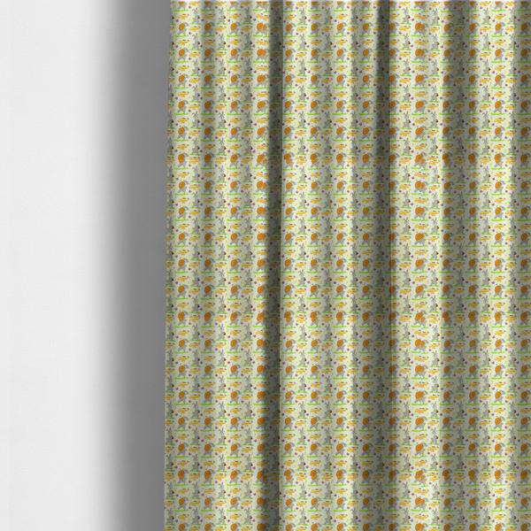 The fabric used to create these made-to-measure curtains features a cheery and active Easter bunny pattern set against a vertical striped background of pale yellow and white. The design has a classic animated feel, full of personality and holiday spirit.