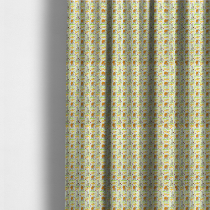 The fabric used to create these made-to-measure curtains features a cheery and active Easter bunny pattern set against a vertical striped background of pale yellow and white. The design has a classic animated feel, full of personality and holiday spirit.