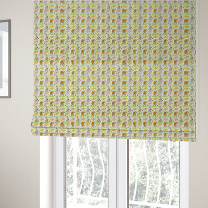 The fabric used to create these Roman blinds features a cheery and active Easter bunny pattern set against a vertical striped background of pale yellow and white. The design has a classic animated feel, full of personality and holiday spirit.