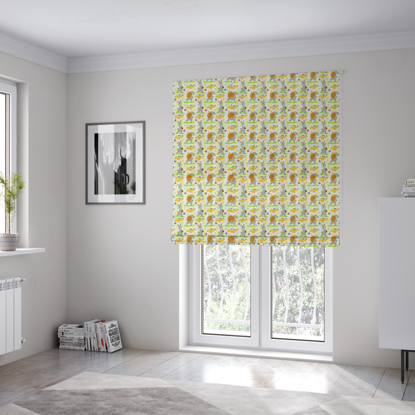 The fabric used to create these Roman blinds features a cheery and active Easter bunny pattern set against a vertical striped background of pale yellow and white. The design has a classic animated feel, full of personality and holiday spirit.