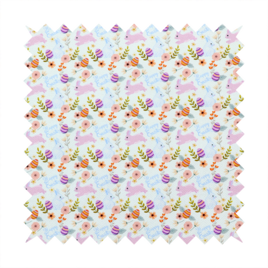 This fabric features a sweet, pastoral Easter pattern on a crisp, white background. The design has a classic, gentle feel, combining soft pastel illustrations with delicate floral arrangements.