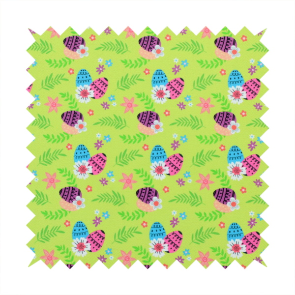 This fabric features a vibrant and modern Easter floral pattern set against a bright lime-green background. The design has a high-energy, "pop-art" feel with bold colours and playful, hand-drawn textures.