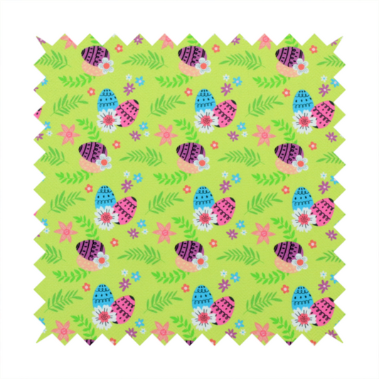 This fabric features a vibrant and modern Easter floral pattern set against a bright lime-green background. The design has a high-energy, "pop-art" feel with bold colours and playful, hand-drawn textures.
