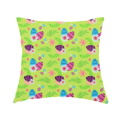 The fabric used to create these handmade cushions features a vibrant and modern Easter floral pattern set against a bright lime-green background. The design has a high-energy, "pop-art" feel with bold colours and playful, hand-drawn textures.