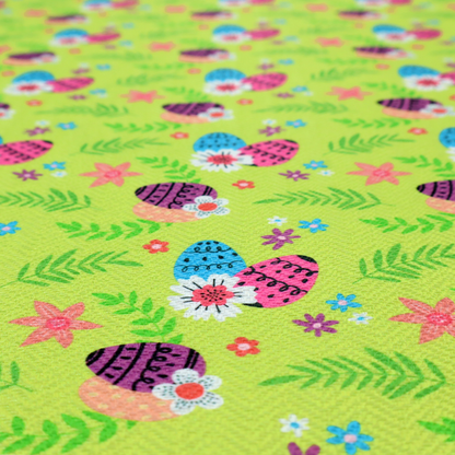 This fabric features a vibrant and modern Easter floral pattern set against a bright lime-green background. The design has a high-energy, "pop-art" feel with bold colours and playful, hand-drawn textures.