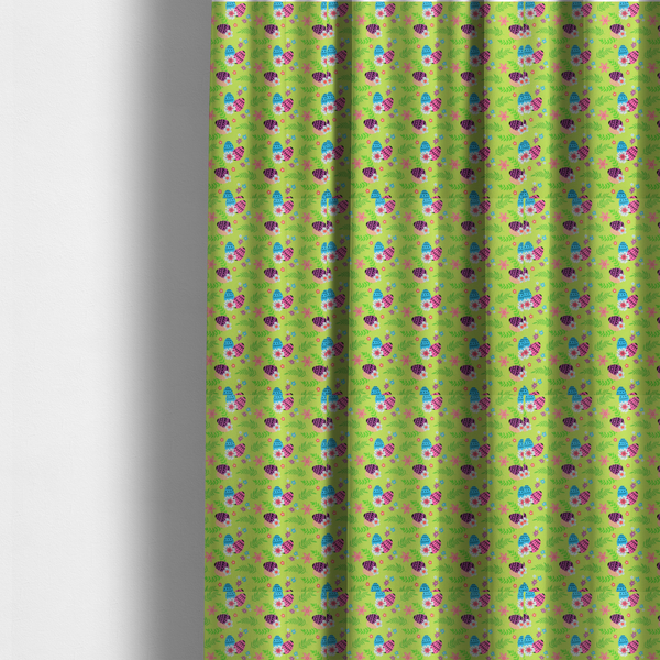 The fabric used to create these made-to-measure curtains features a vibrant and modern Easter floral pattern set against a bright lime-green background. The design has a high-energy, "pop-art" feel with bold colours and playful, hand-drawn textures.