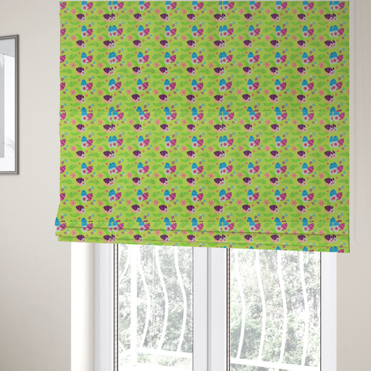 The fabric used to create these Roman blinds features a vibrant and modern Easter floral pattern set against a bright lime-green background. The design has a high-energy, "pop-art" feel with bold colours and playful, hand-drawn textures.