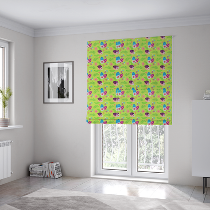 The fabric used to create these Roman blinds features a vibrant and modern Easter floral pattern set against a bright lime-green background. The design has a high-energy, "pop-art" feel with bold colours and playful, hand-drawn textures.