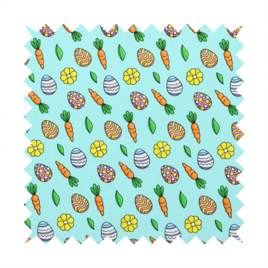 This fabric features a bright and cheerful Easter garden pattern set against a refreshing sky-blue background. The design is clean and energetic, using a cartoon-style illustration technique with bold black outlines.