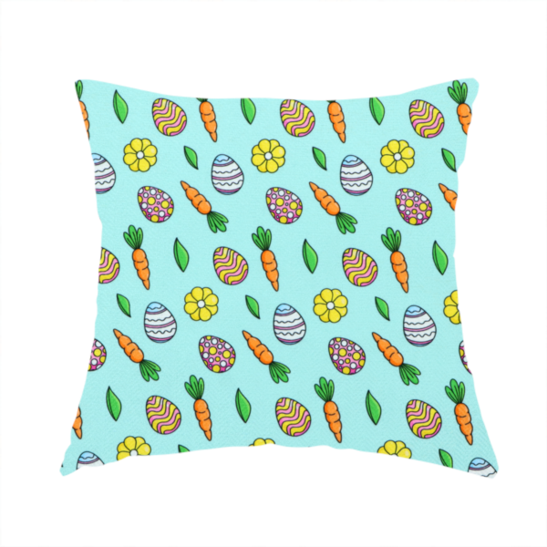 The fabric used to create these handmade cushions features a bright and cheerful Easter garden pattern set against a refreshing sky-blue background. The design is clean and energetic, using a cartoon-style illustration technique with bold black outlines.