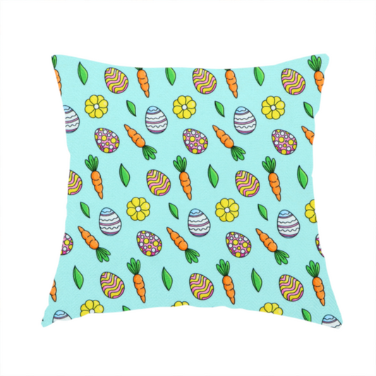 The fabric used to create these handmade cushions features a bright and cheerful Easter garden pattern set against a refreshing sky-blue background. The design is clean and energetic, using a cartoon-style illustration technique with bold black outlines.