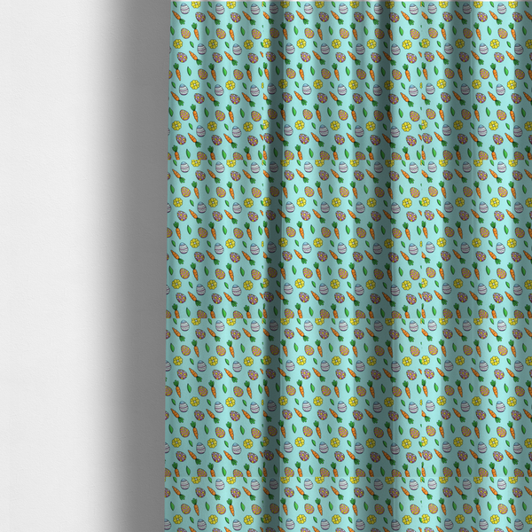 The fabric used to create these made-to-measure curtains features a bright and cheerful Easter garden pattern set against a refreshing sky-blue background. The design is clean and energetic, using a cartoon-style illustration technique with bold black outlines.