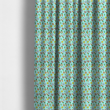 The fabric used to create these made-to-measure curtains features a bright and cheerful Easter garden pattern set against a refreshing sky-blue background. The design is clean and energetic, using a cartoon-style illustration technique with bold black outlines.