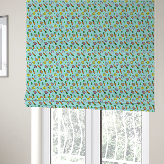 The fabric used to create these Roman blinds features a bright and cheerful Easter garden pattern set against a refreshing sky-blue background. The design is clean and energetic, using a cartoon-style illustration technique with bold black outlines.