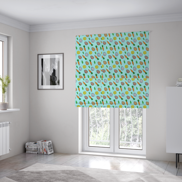 The fabric used to create these Roman blinds features a bright and cheerful Easter garden pattern set against a refreshing sky-blue background. The design is clean and energetic, using a cartoon-style illustration technique with bold black outlines.