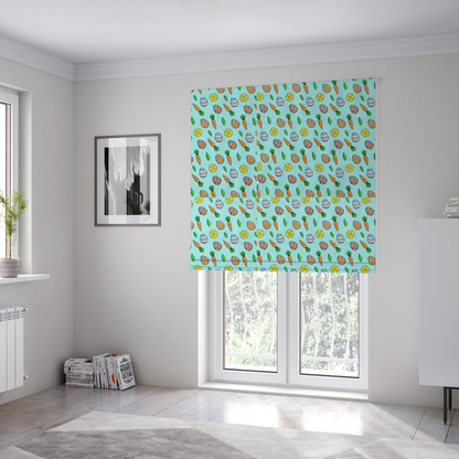 The fabric used to create these Roman blinds features a bright and cheerful Easter garden pattern set against a refreshing sky-blue background. The design is clean and energetic, using a cartoon-style illustration technique with bold black outlines.