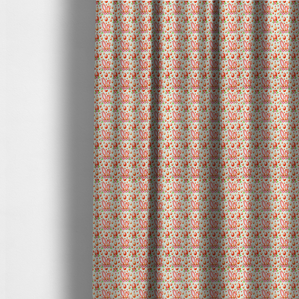 The fabric used to create these made-to-measure curtains features a warm, watercolour-style Easter pattern on a very pale mint-green background. The design is rich in texture and soft tones, giving it a cosy and traditional holiday feel.