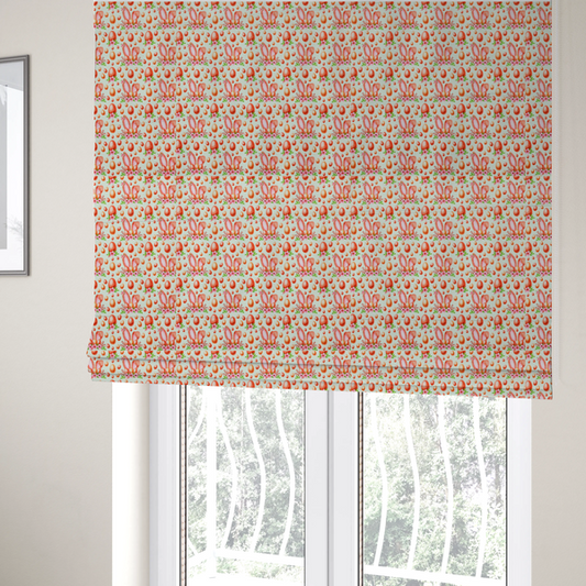 The fabric used to create these Roman blinds features a warm, watercolour-style Easter pattern on a very pale mint-green background. The design is rich in texture and soft tones, giving it a cosy and traditional holiday feel.