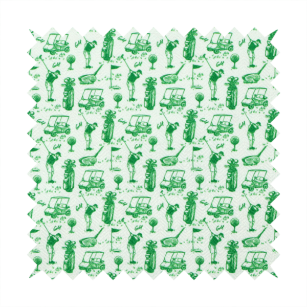 A repeating novelty fabric pattern featuring green hand-sketched illustrations of golfers, golf bags, golf carts, and flags on a light cream-colored background.