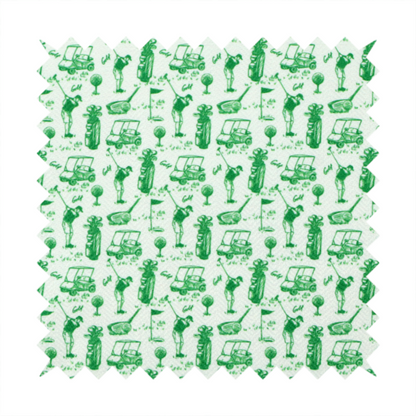 A repeating novelty fabric pattern featuring green hand-sketched illustrations of golfers, golf bags, golf carts, and flags on a light cream-colored background.