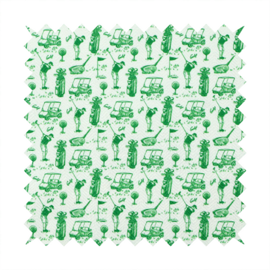 A repeating novelty fabric pattern featuring green hand-sketched illustrations of golfers, golf bags, golf carts, and flags on a light cream-colored background.