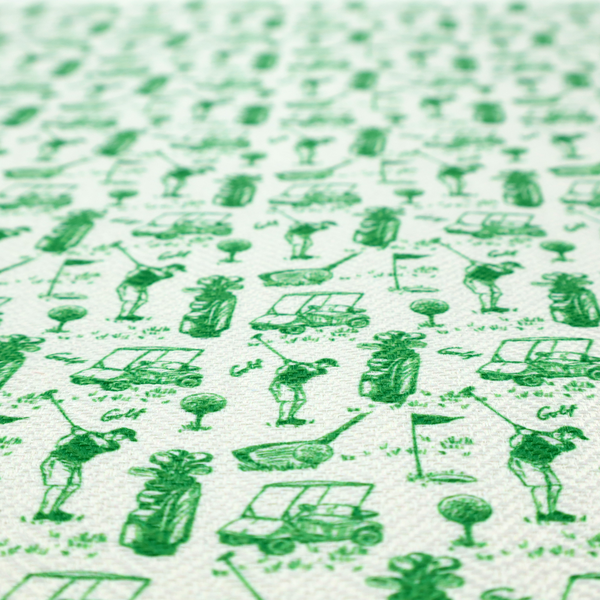 A repeating novelty fabric pattern featuring green hand-sketched illustrations of golfers, golf bags, golf carts, and flags on a light cream-colored background.