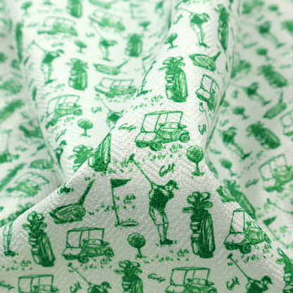 A repeating novelty fabric pattern featuring green hand-sketched illustrations of golfers, golf bags, golf carts, and flags on a light cream-colored background.