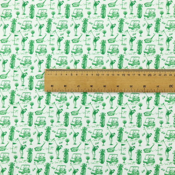A repeating novelty fabric pattern featuring green hand-sketched illustrations of golfers, golf bags, golf carts, and flags on a light cream-colored background.