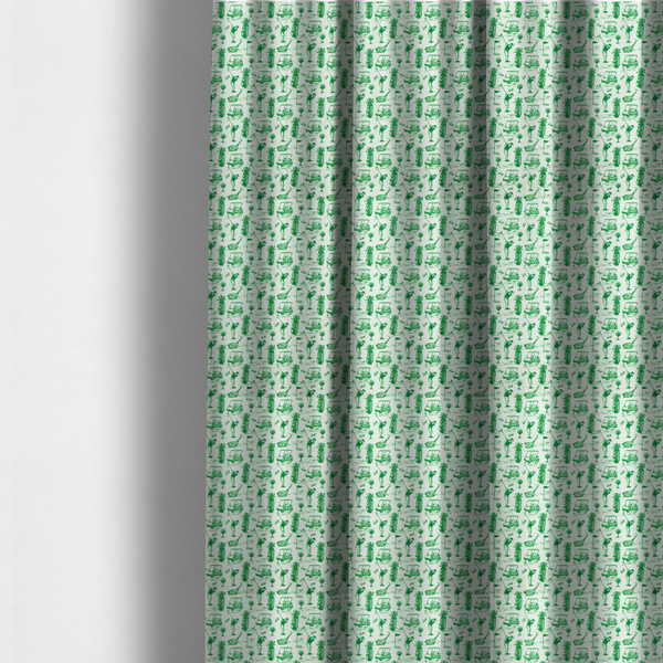 The fabric used to create these made-to-measure curtains is a repeating novelty fabric pattern featuring green hand-sketched illustrations of golfers, golf bags, golf carts, and flags on a light cream-colored background.
