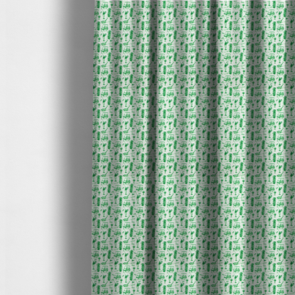 The fabric used to create these made-to-measure curtains is a repeating novelty fabric pattern featuring green hand-sketched illustrations of golfers, golf bags, golf carts, and flags on a light cream-colored background.