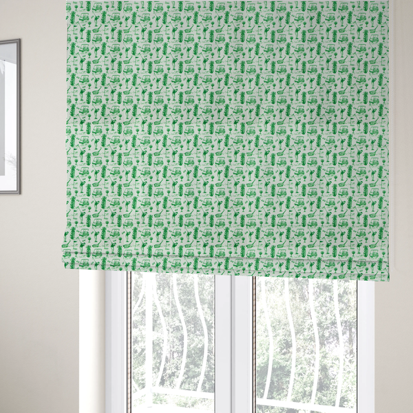 The fabric used to create these Roman blinds is a repeating novelty fabric pattern featuring green hand-sketched illustrations of golfers, golf bags, golf carts, and flags on a light cream-colored background.